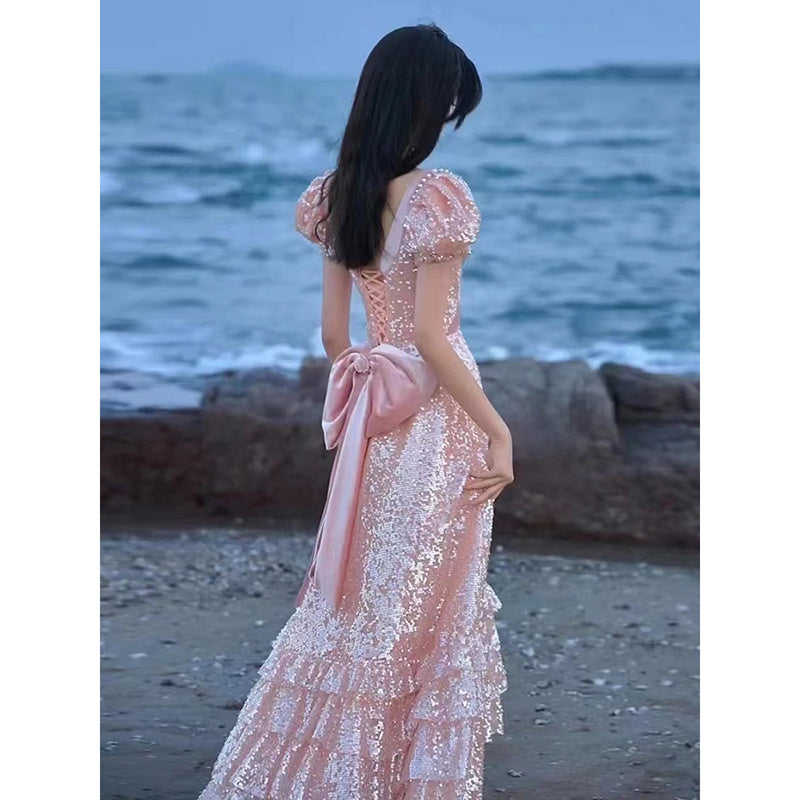 Vireous Soft Luxury Pink Layered Evening Dress
