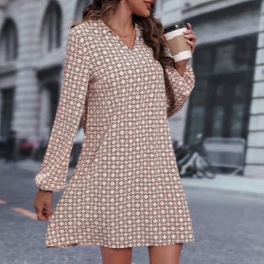 Vireous Long Sleeve Geometric Print Polo Collar Dress