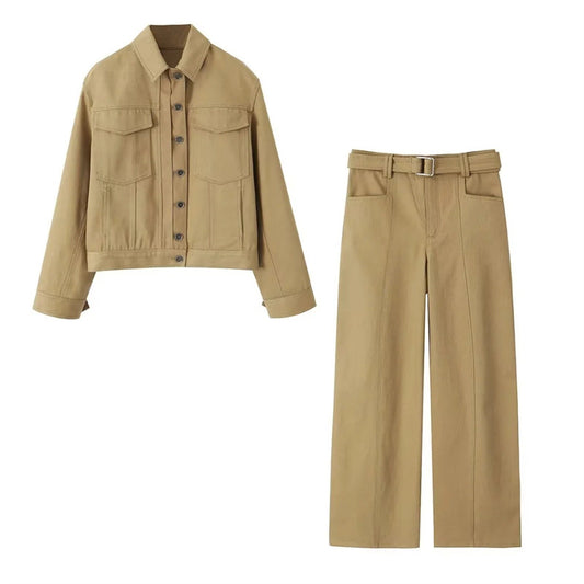 Vireous Polo Collar Camel Denim Jacket and Trousers Suit