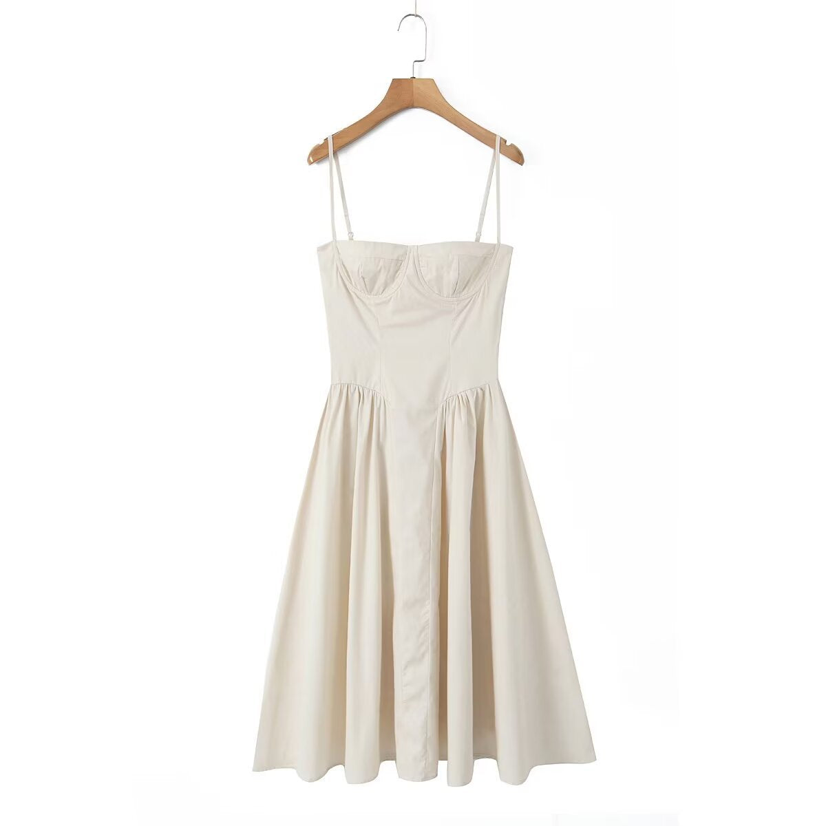 Vireous Ivory Square-Neck Steel Ring Bodice Fitted-Waist Pleated Dress