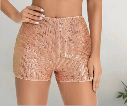 Sequin Slim Hot Pants, Women's Mid-Waist Sparkling Shorts