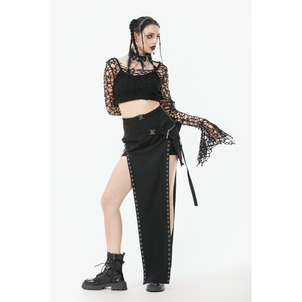 Dark in Love Morana Mesh Crochet-Knit Bell Sleeve Crop Top