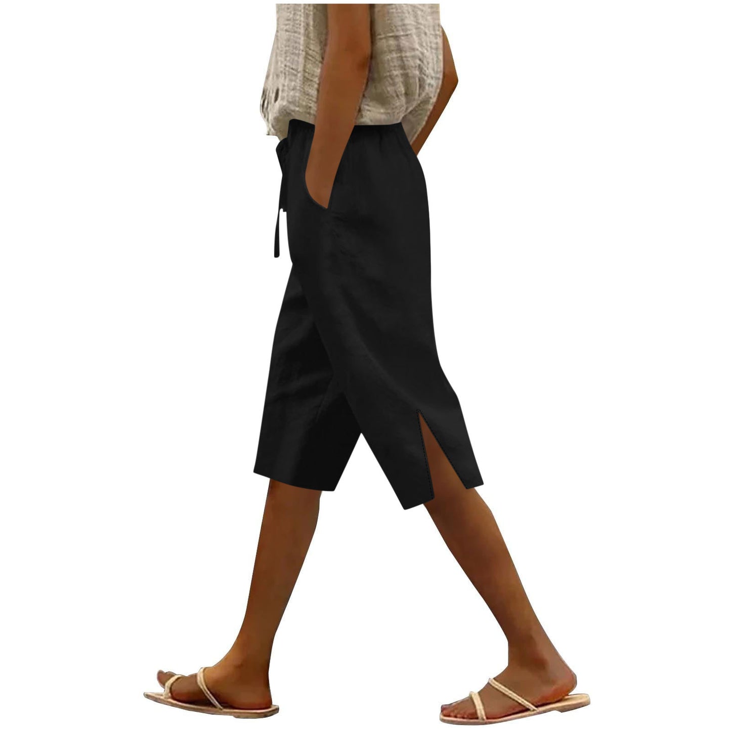 Women's Split Mid-Length Capri Shorts, Summer Casual Elastic Waist, Plus Sizes