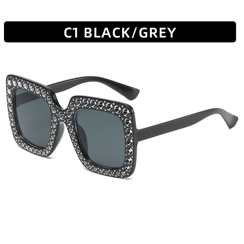 Large Square-Frame Avant Garde Sunglasses with Sparkling Rhinestones