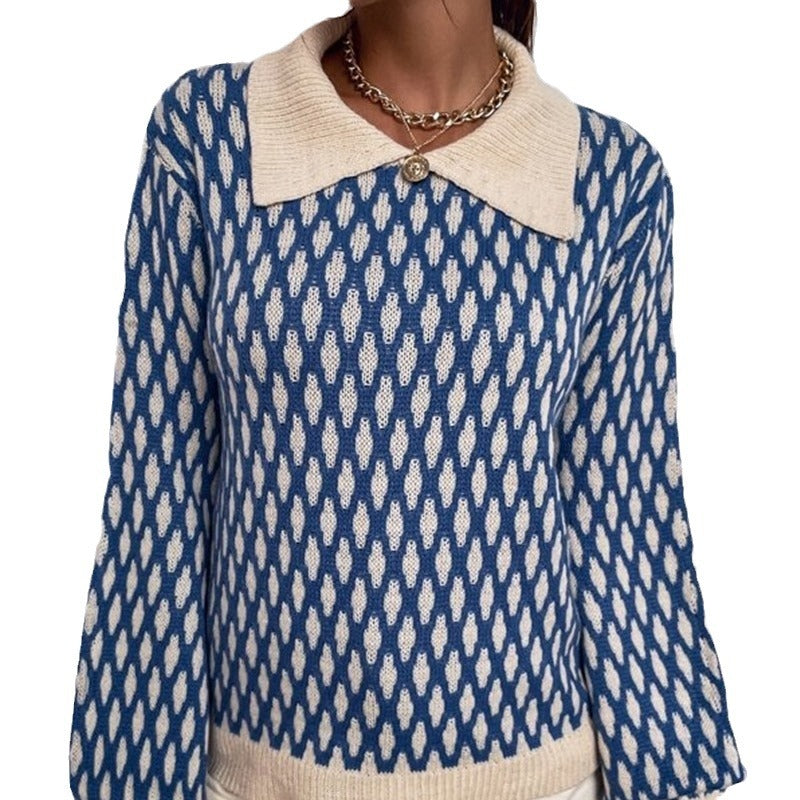 French-Style Diamond Pattern, Polo Neck Women's Sweater