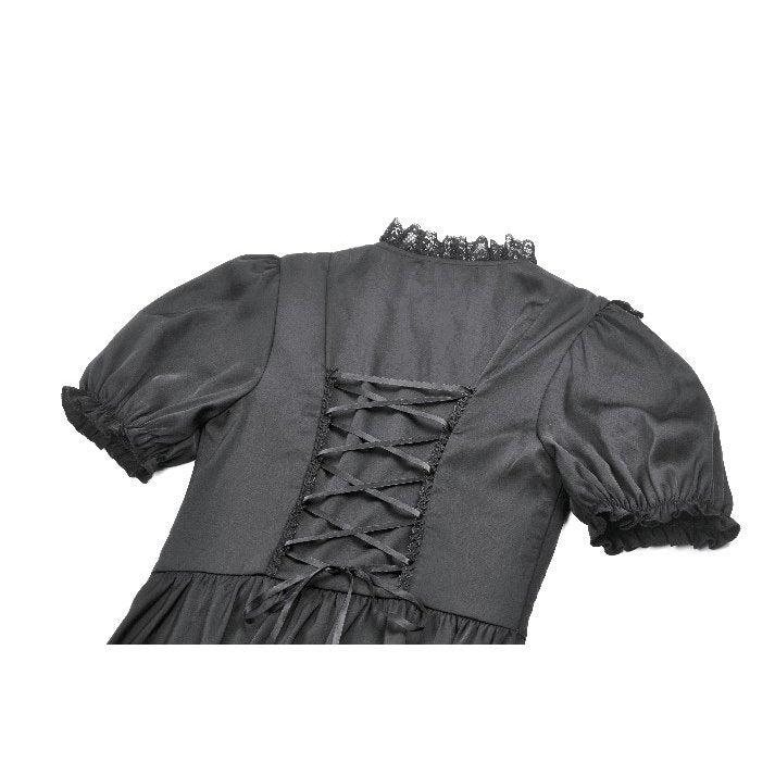Dark in Love Belladonna Lace-Up High Collar Puff Sleeve Goth Dress, Plus Sizes