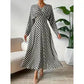 Vireous Geometric Print Long-Sleeve Cinched-Waist Elegant Dress