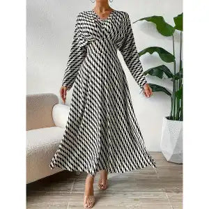 Vireous Geometric Print Long-Sleeve Cinched-Waist Elegant Dress