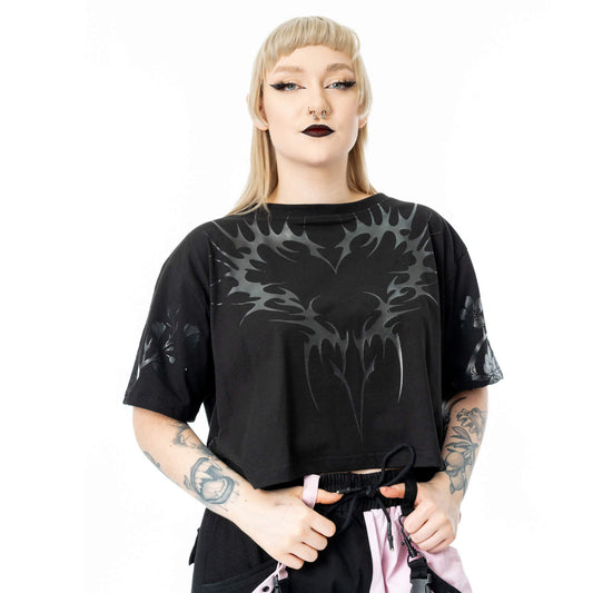 Chemical Black Ceil Crop Top, Women's Black Gothic Cotton Top