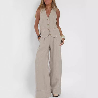 Women's Summer Waistcoat Suit, V-Neck Sleeveless Top and Loose Straight Trousers, Multi Colours