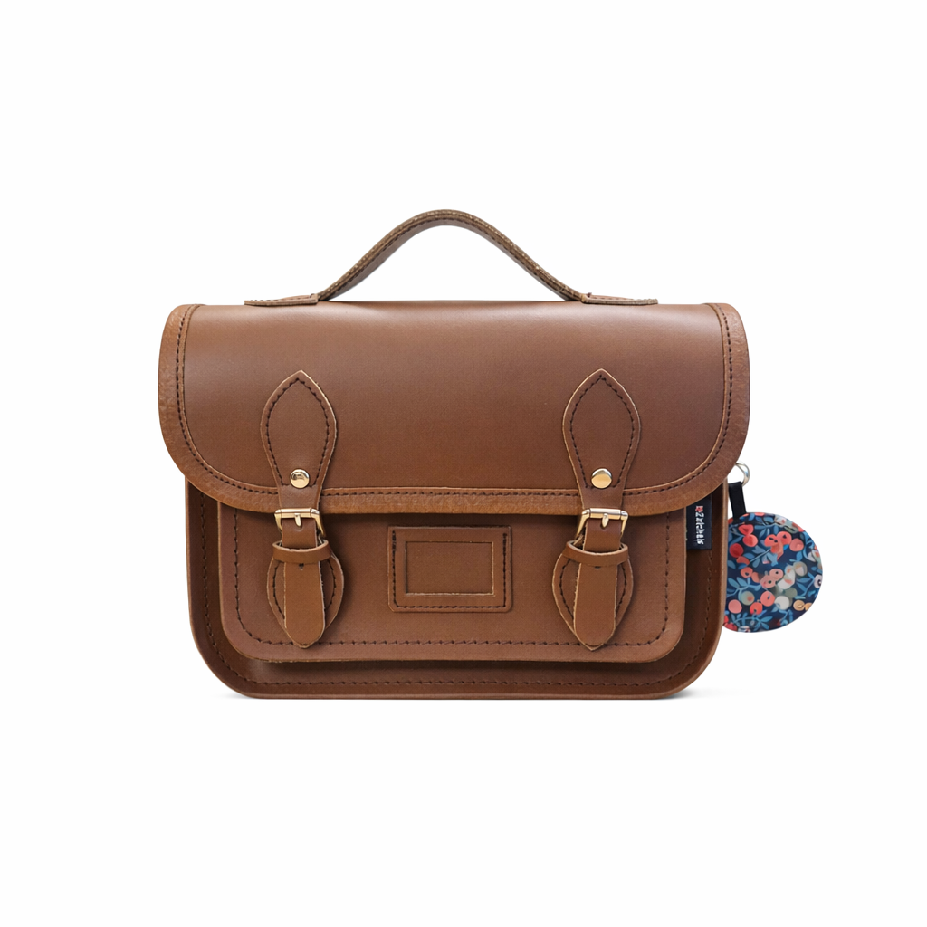 Floral Lined Leather Midi Satchel in Chestnut