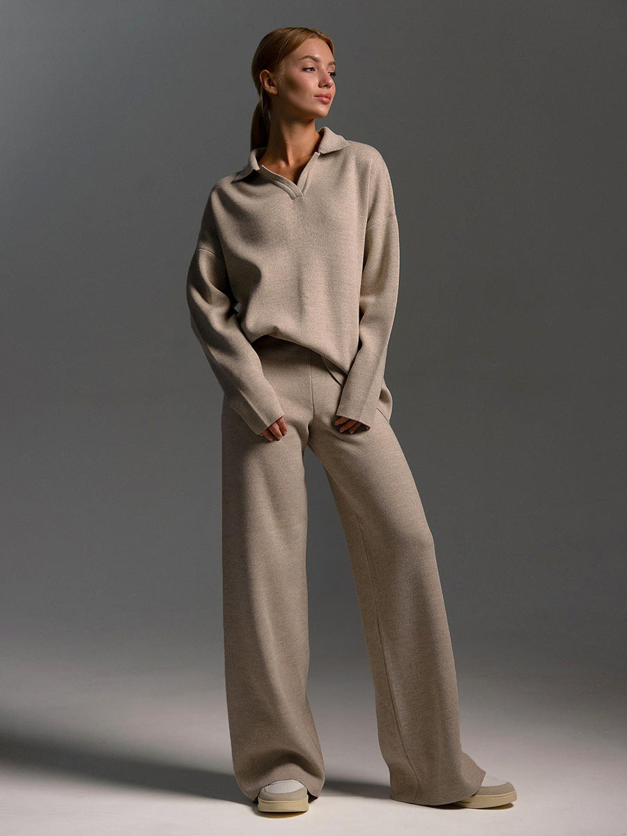 Women's Knitted Fashion Suit, Casual Collared Loose Pants Set