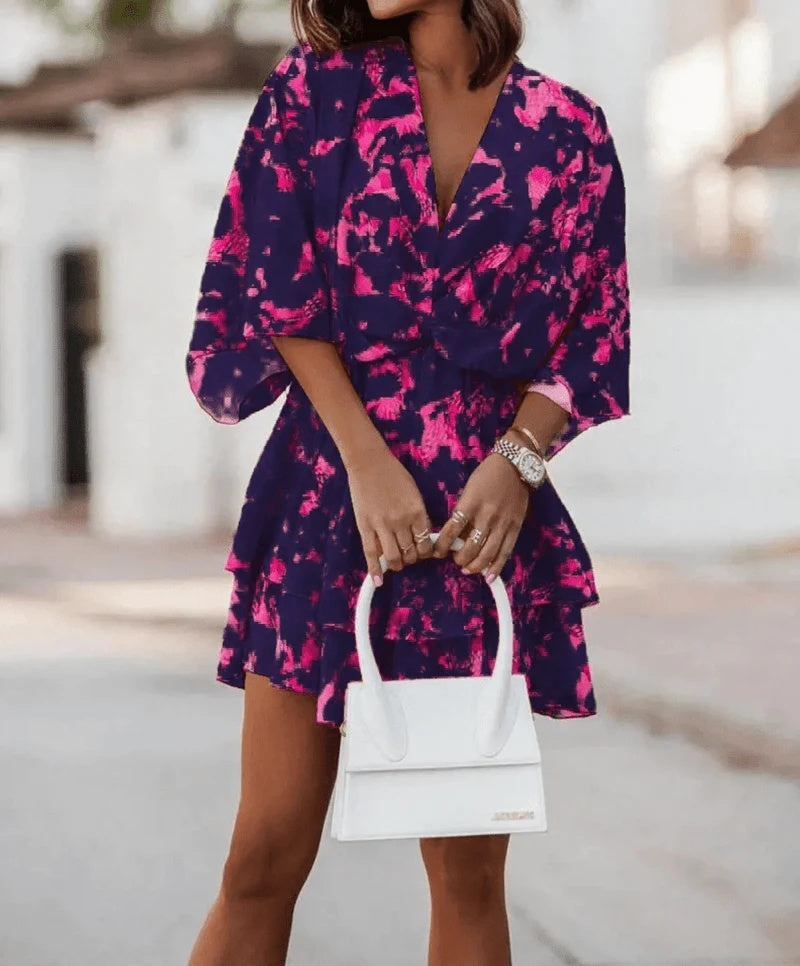 Vireous Fashion Print Doll-Sleeve Loose Summer Dress