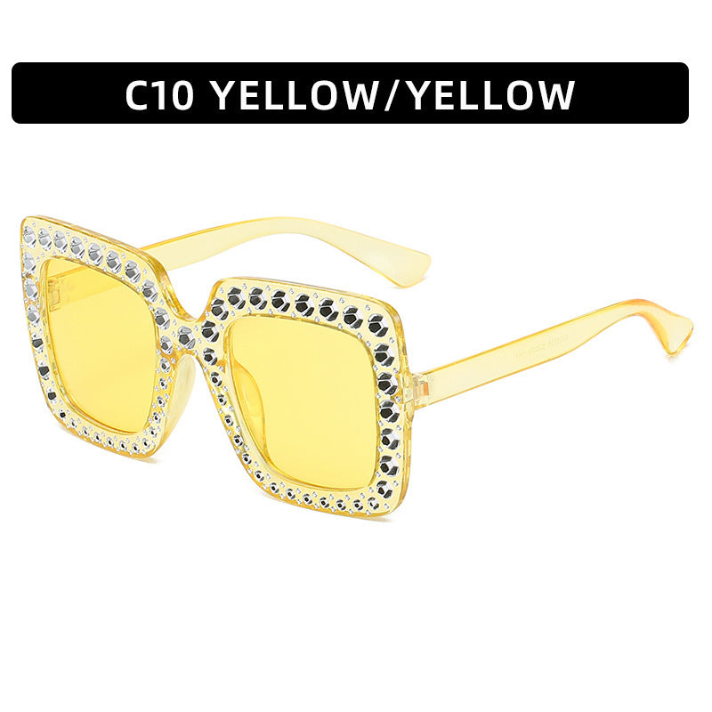 Large Square-Frame Avant Garde Sunglasses with Sparkling Rhinestones