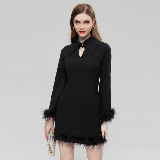 Lapel Feather Trimmed Long Sleeve Party Cocktail Dress