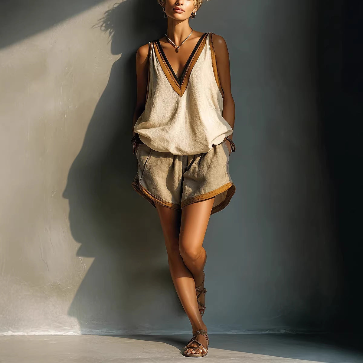 Vireous Fashion Halter Top and Shorts Set in Shimmering Beige, Plus Sizes