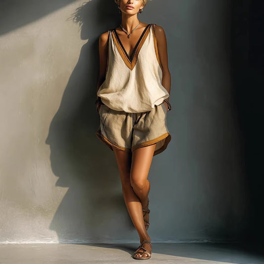Vireous Fashion Halter Top and Shorts Set in Shimmering Beige, Plus Sizes