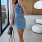 Single-Breasted Lapel Collar Sleeveless Denim Mini Dress