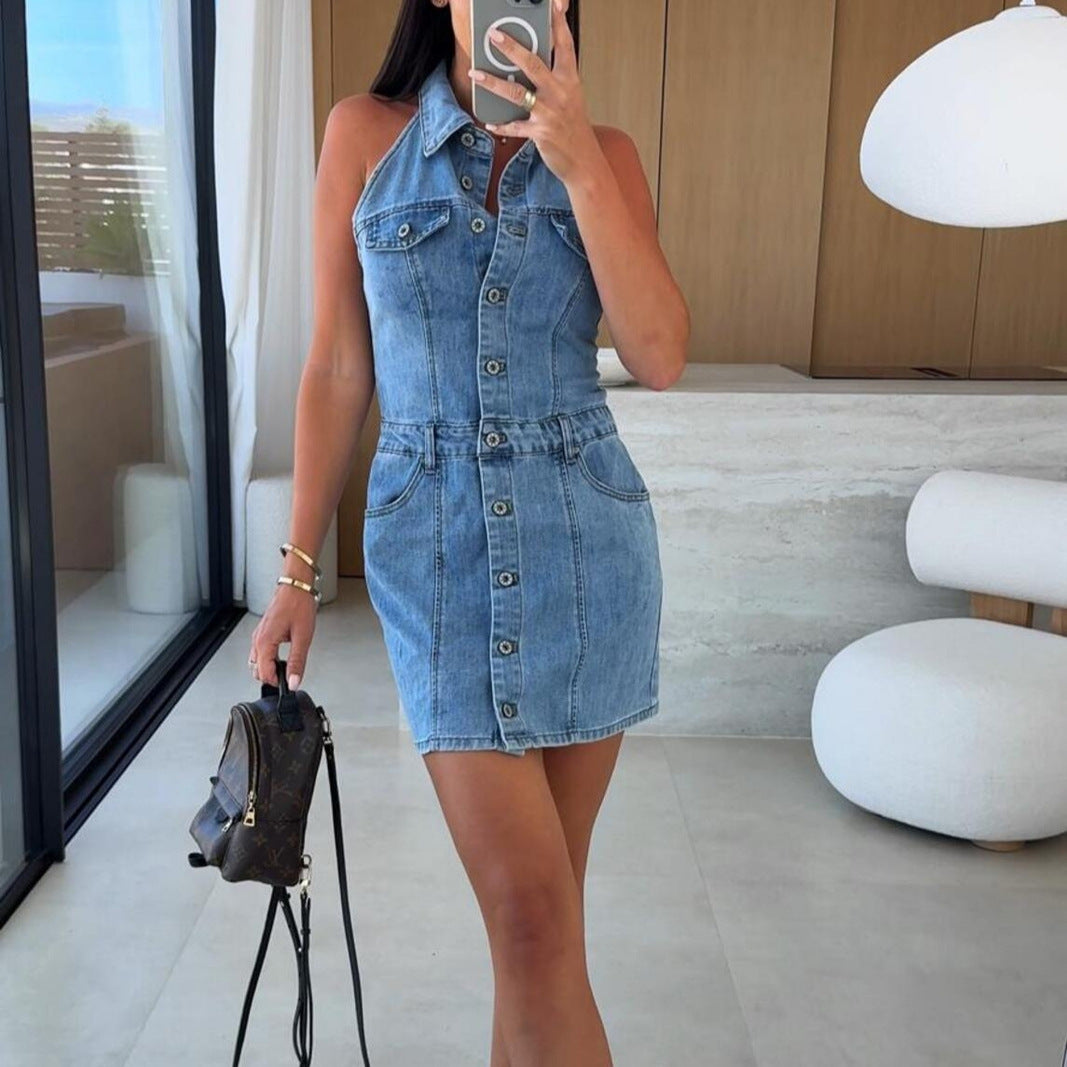 Single-Breasted Lapel Collar Sleeveless Denim Mini Dress
