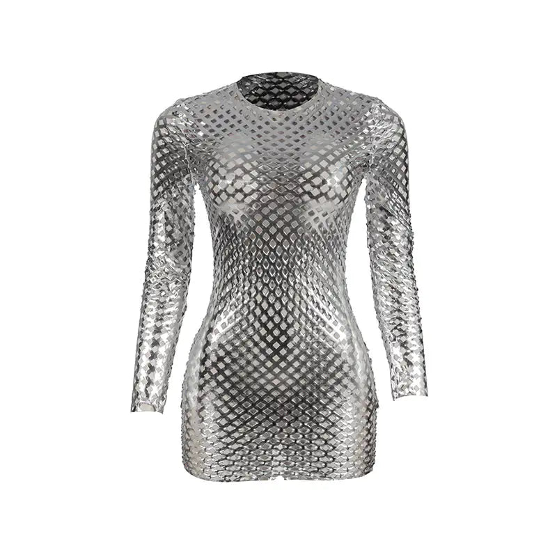 Long Sleeve Metallic Cutout Bodycon Mini Dress