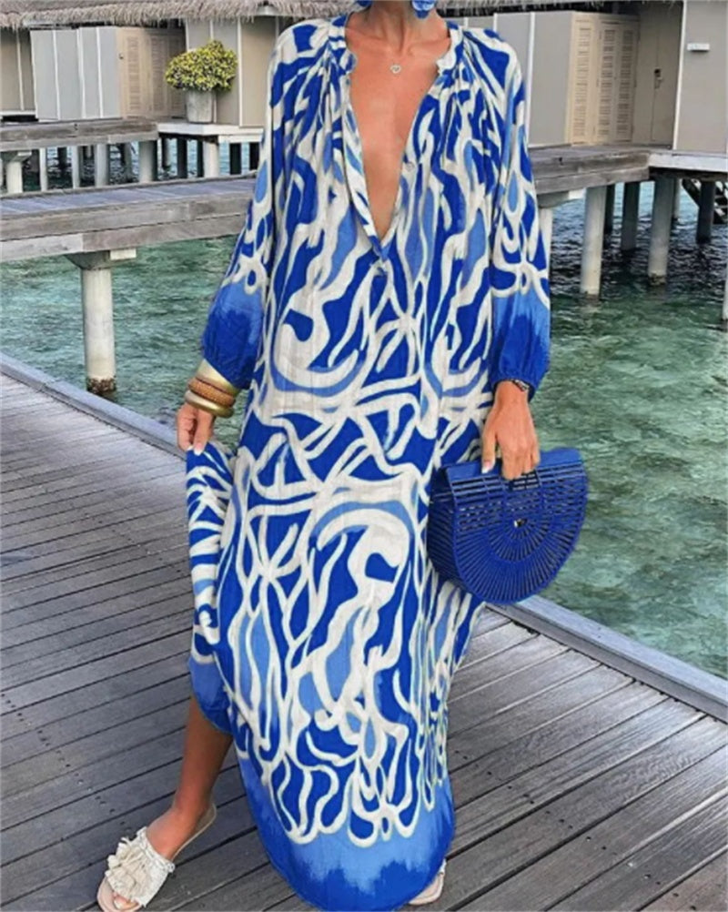 Bold Print Pullover Long Sleeve V-Neck Long Loose Dress, Spring and Summer Collection