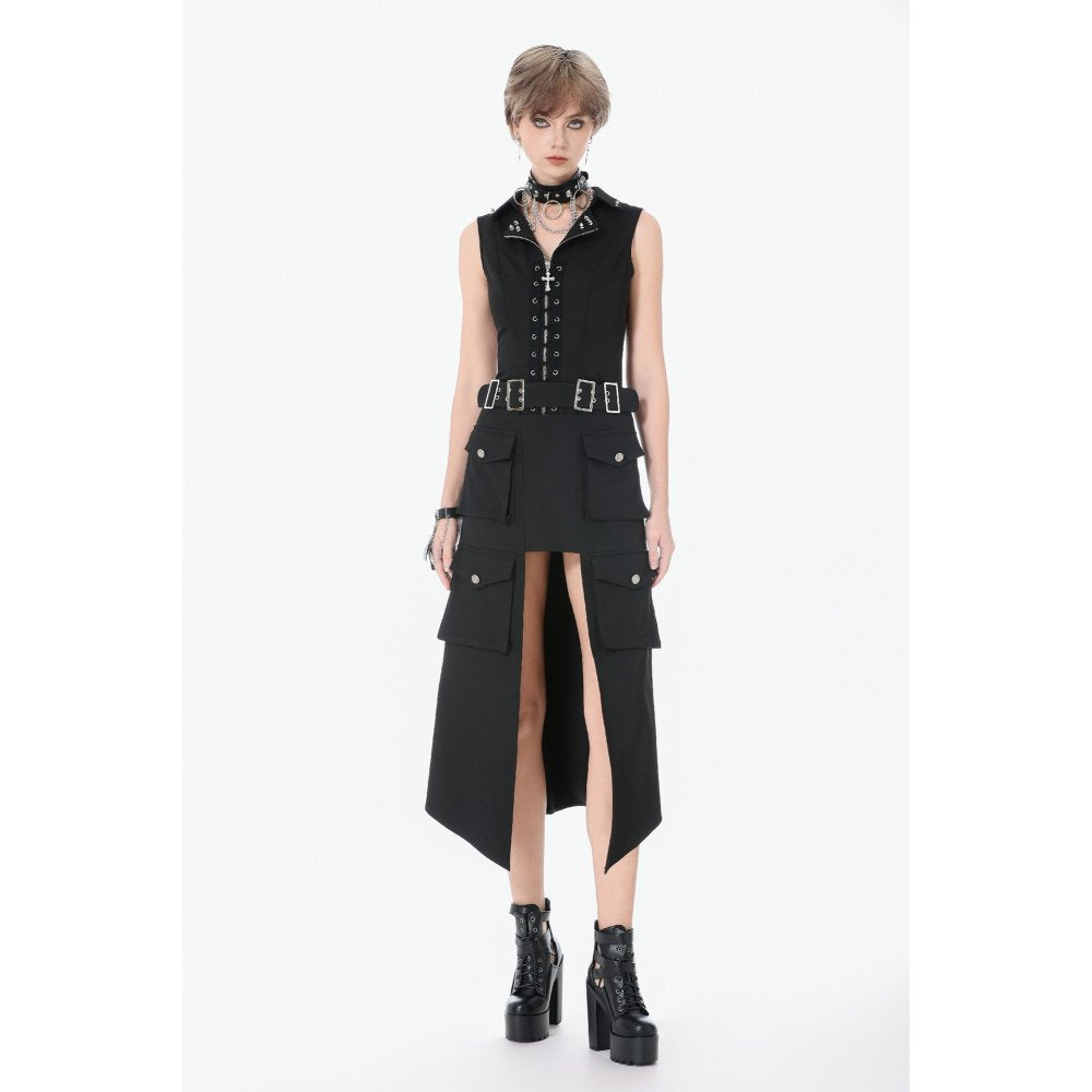 Dark in Love Punk Layered-Pocket Cutout Belted Long Skirt