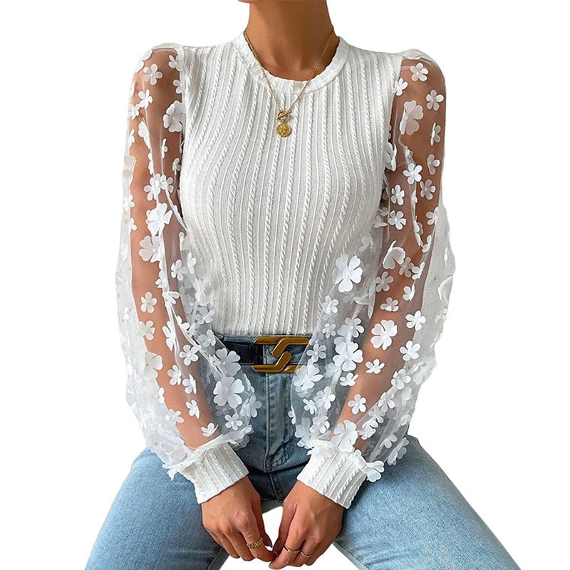 Women's Mesh Small Flower Chiffon Shirt Summer Round Neck Long Sleeve Top