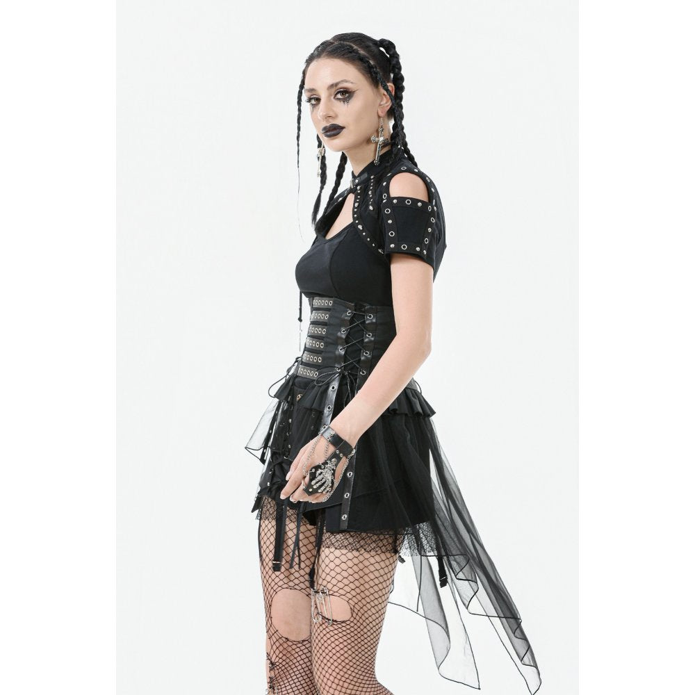 Dark in Love Draven Layered Mesh and Faux Leather Waist Cincher Skirt
