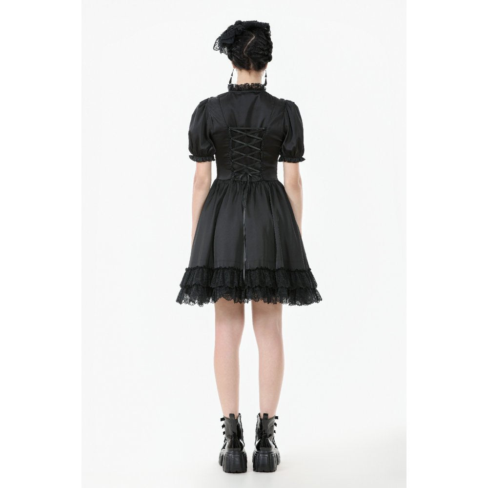 Dark in Love Belladonna Lace-Up High Collar Puff Sleeve Goth Dress, Plus Sizes