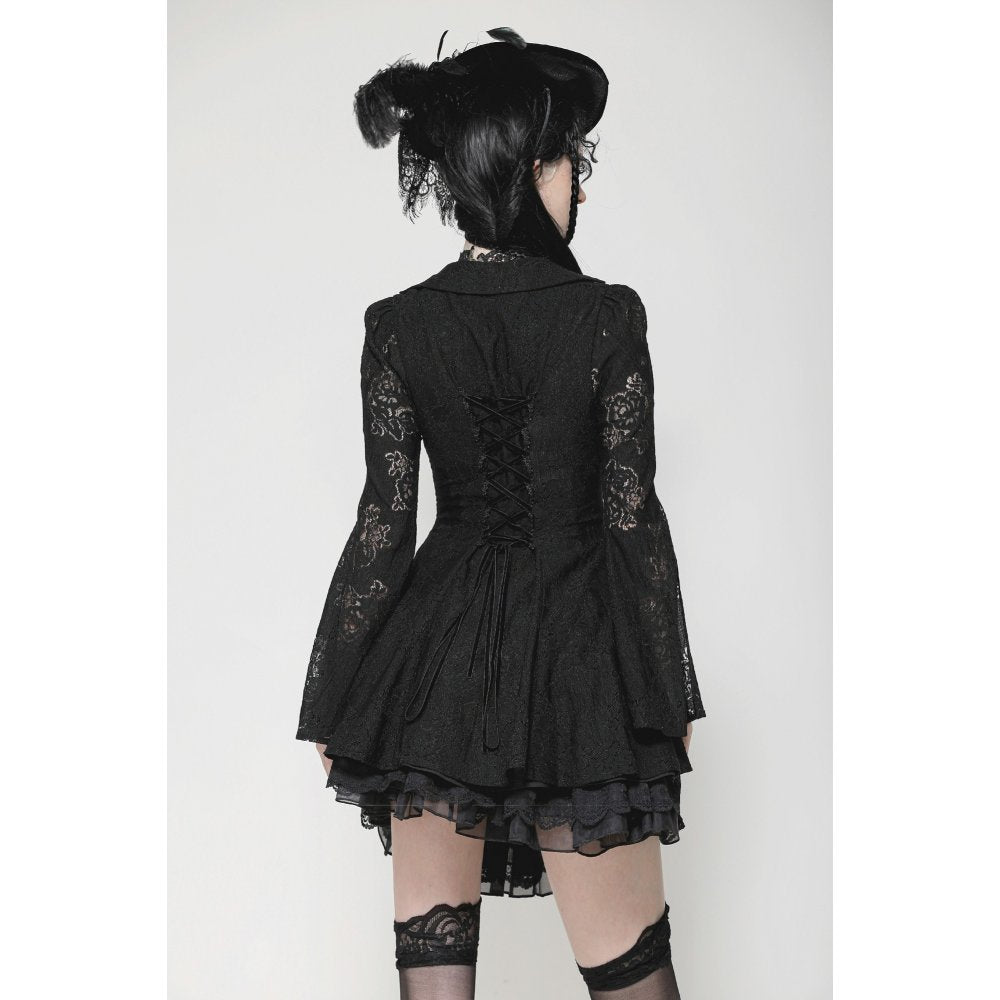 Dark in Love Luca Black Hollow Lace Gemstone-Button Adjustable Waist Dress