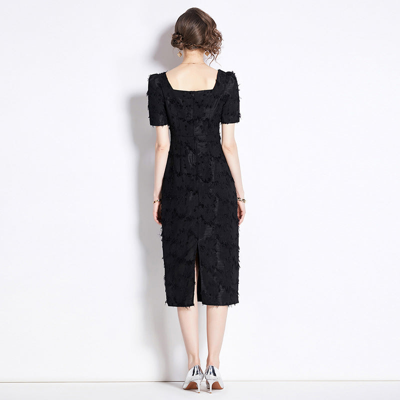 French Hepburn-Style Vintage Tassel Black Dress