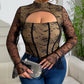 Mesh Low-Cut Fishbone Long-Sleeve Women's Bustier Top, Plus Sizes