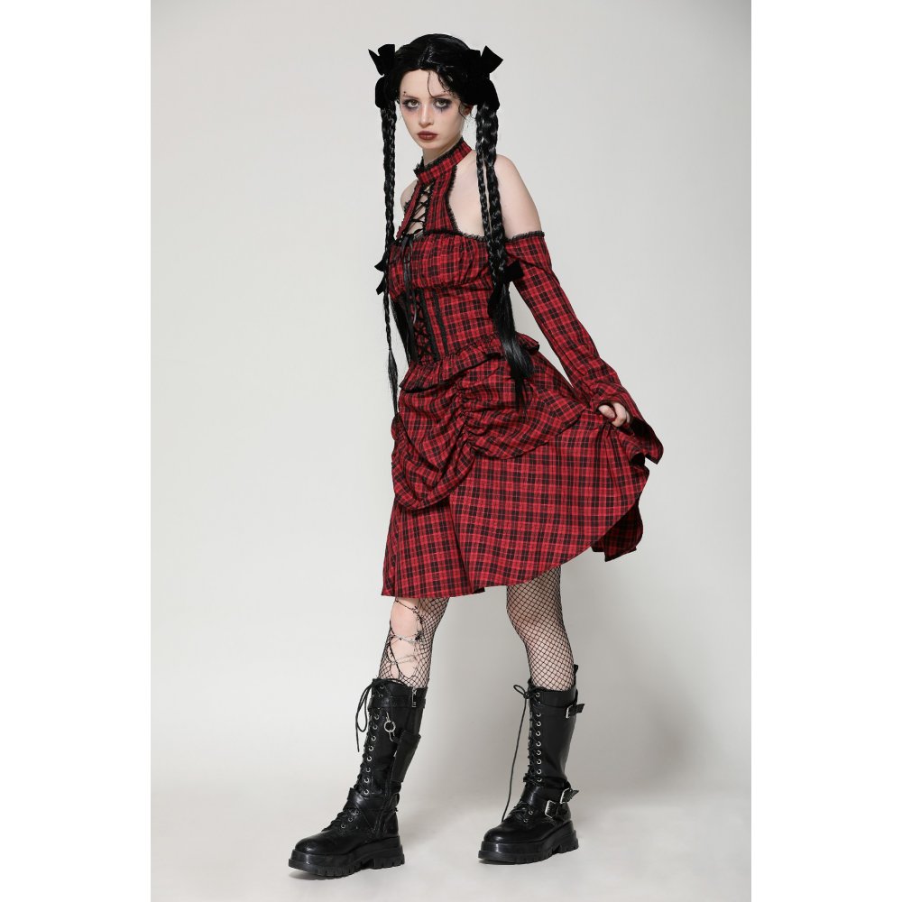 Dark in Love Rosalind Black and Red Tartan Cold Shoulder Halter Neck Dress