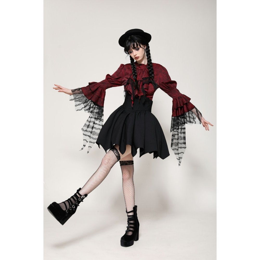 Dark in Love Vampiretta Red Distressed-Effect Frilly Blouse