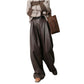 Vireous Women's Designer Vintage Brown Pleated Loose Leather Pants