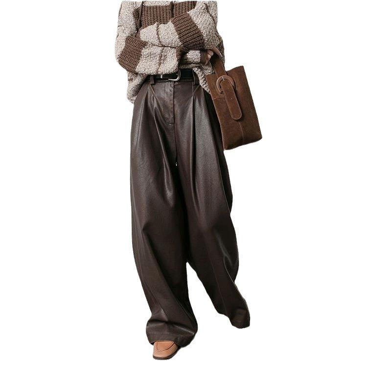 Vireous Women's Designer Vintage Brown Pleated Loose Leather Pants
