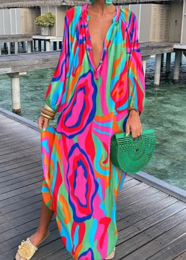 Bold Print Pullover Long Sleeve V-Neck Long Loose Dress, Spring and Summer Collection