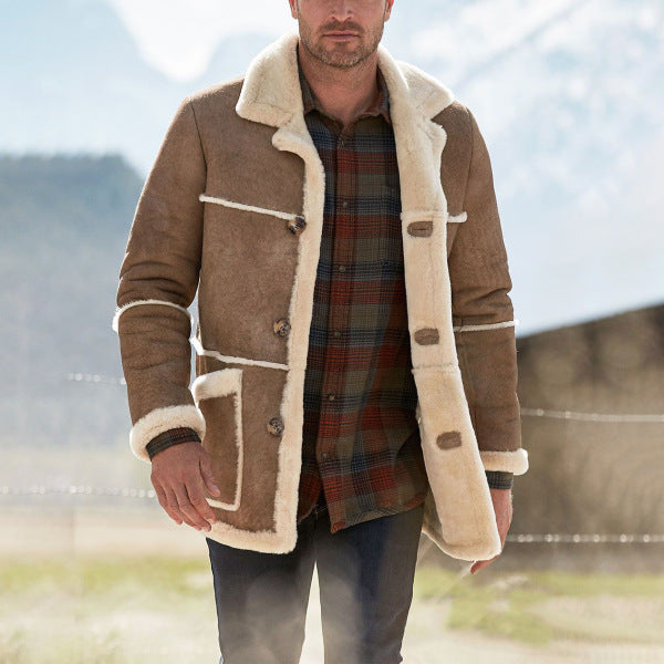 Vireous Large Brown Fur Collar Plus-Size Thickened Men's Faux Sheepskin Jacket