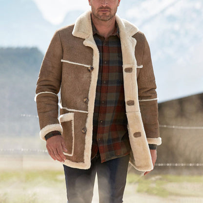 Vireous Large Brown Fur Collar Plus-Size Thickened Men's Faux Sheepskin Jacket