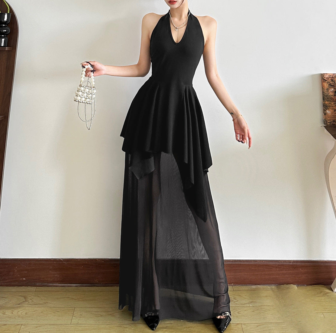 French Style V-Neck Girdle Layered Mesh Black Formal Dress