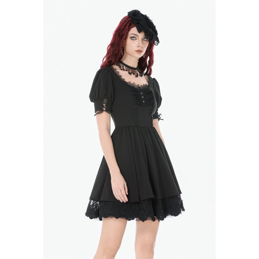 Dark in Love Gothic Lace Square-Neck Puff-Sleeve Dress
