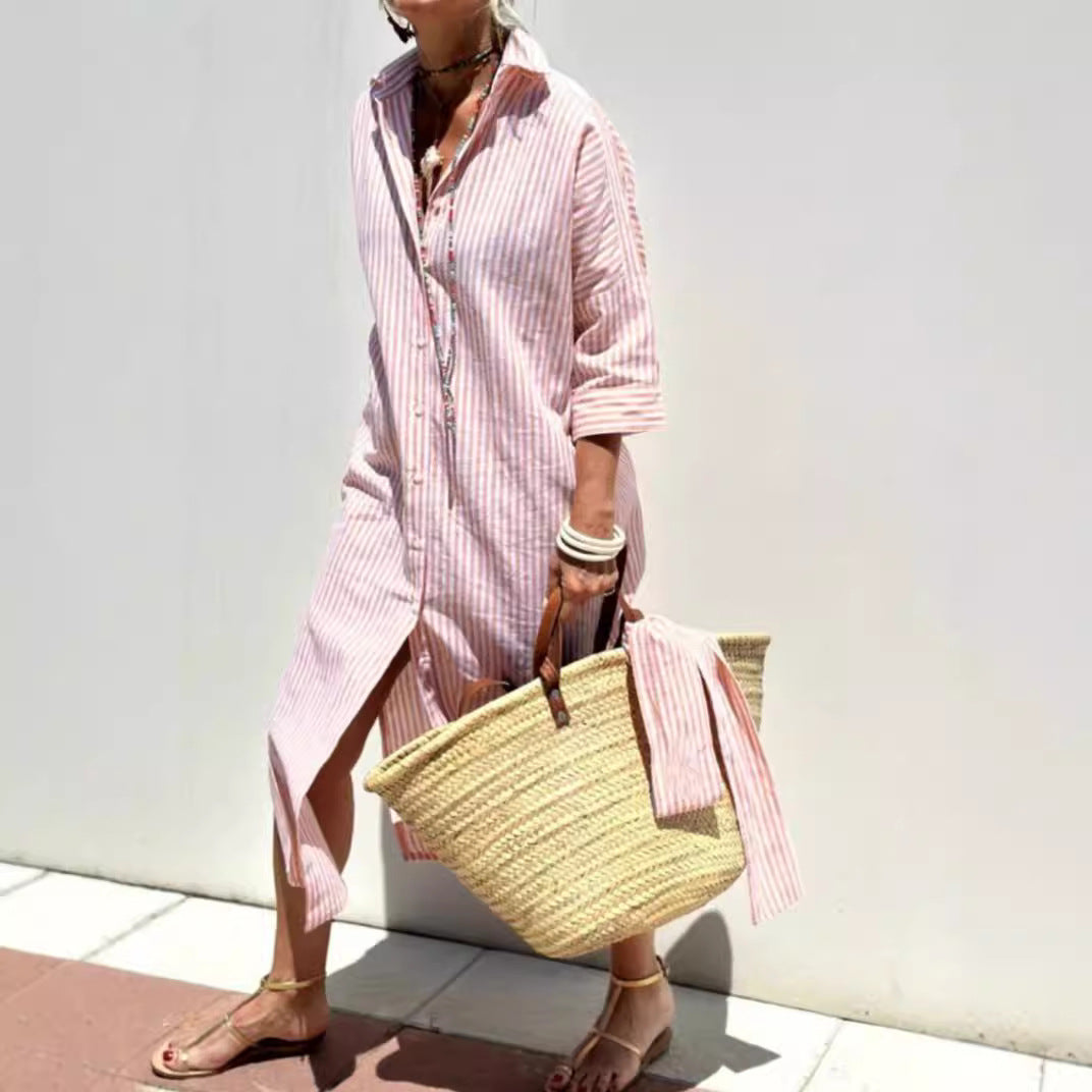 Vireous Women's Summer Striped Shirt Dress with Belt