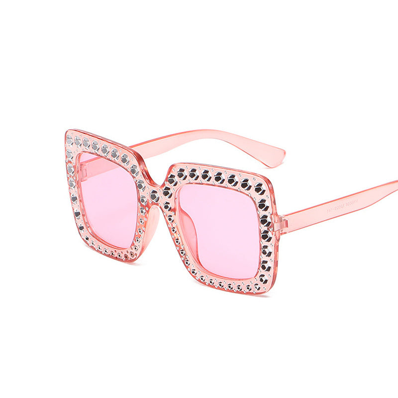 Large Square-Frame Avant Garde Sunglasses with Sparkling Rhinestones