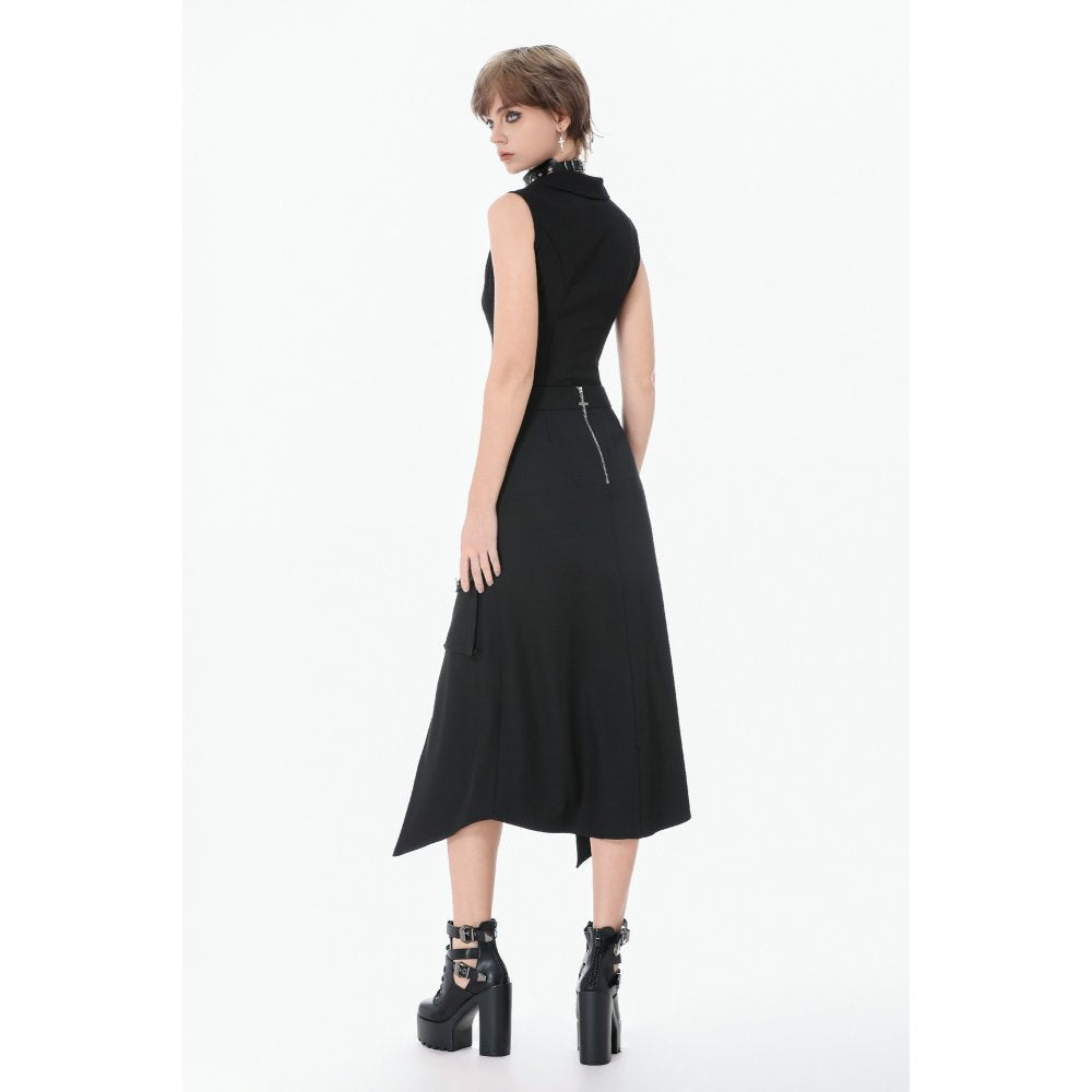 Dark in Love Punk Layered-Pocket Cutout Belted Long Skirt
