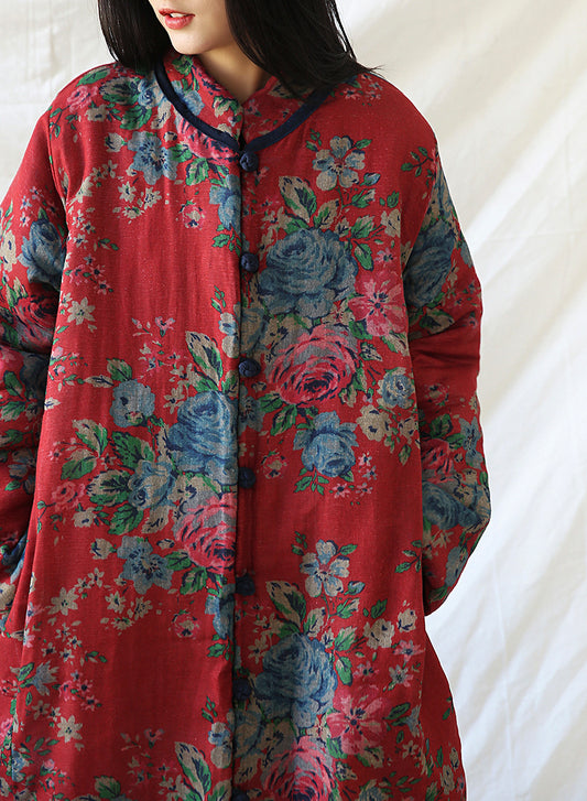 Vireous Cotton and Linen Women's Floral Retro Art Padded Coat