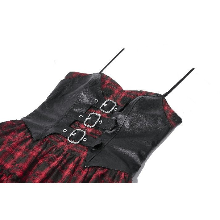 Dark in Love Red-Black Plaid Leather-Layered Punk Sweetcore Dress