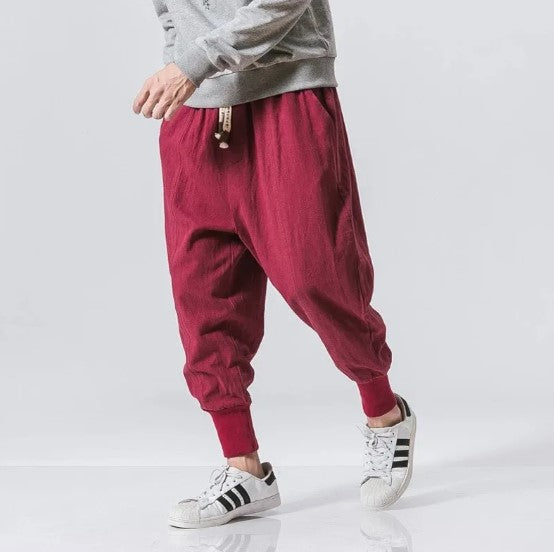 Cotton Linen Harem-Style Pants Men's Solid Colour Elastic Waist Streetwear Joggers