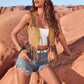 Women's Cowgirl Casual Getaway Western Boho Suede Fringe Vest Top