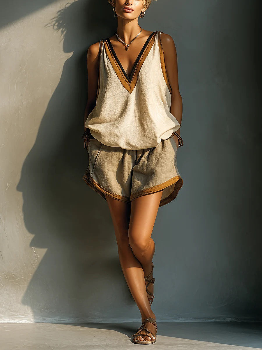 Vireous Fashion Halter Top and Shorts Set in Shimmering Beige, Plus Sizes