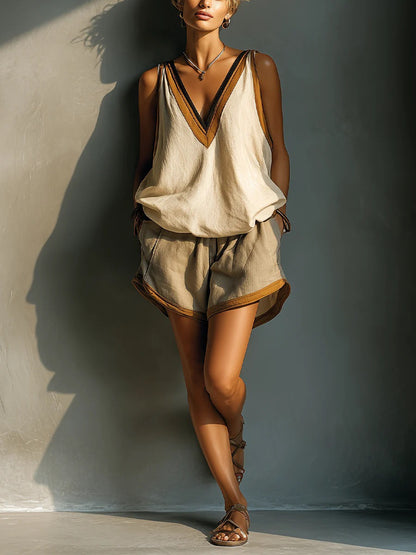 Vireous Fashion Halter Top and Shorts Set in Shimmering Beige, Plus Sizes